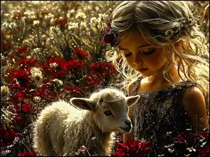 Dziewczynka o blond włosach i owieczka wśród kwiatów