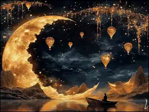 Noc, Jezioro, Góry, Księżyc, Łódka, Balony, Fantasy, Człowiek