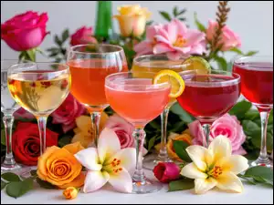 Kwiaty, Lilie, Kieliszki, Drinki, Róże