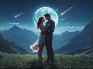 Zakochani stojący na tle gór i księżyca