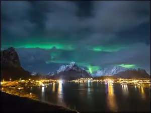 Archipelag, Góry, Norwegia, Lofoty, Noc, Statki, Miasto