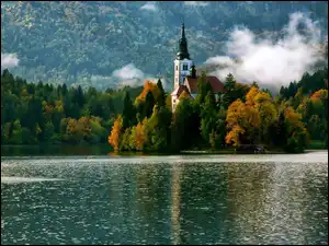 Bled, Las, Słowenia, Jezioro, Jesień, Kościół, Mgła