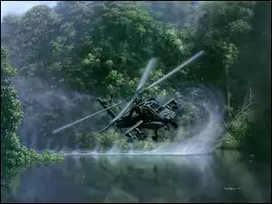 Pojazdy Militarne, las, Helikopter Apache, rzeka