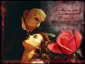Gerard Butler, maska, róża, napis, Phantom Of The Opera, Emmy Rossum