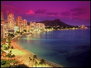 Słońca, Wyspa, Hawaje, Waikiki, Zachód