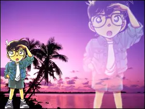 plaża, Detective Conan, chłopak, szorty, palmy