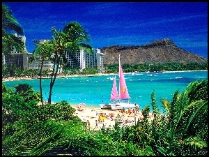 Wyspa, Hawaje, Plaża, Katamaran, Waikiki, Oahu