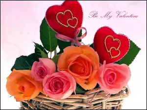 Walentynki, Koszyk, Róże, Kolorowe, Serduszka