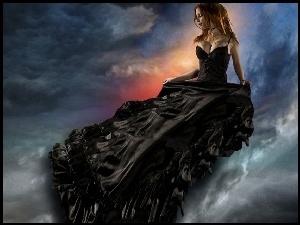 Kobieta, Chmury, Czarna, Suknia