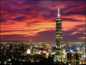 Światła, Tajwan, Panorama, Taipei 101, Noc