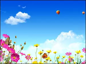Motyle, Niebo, Wiosna, Balony, Kolorowe, Kwiatki