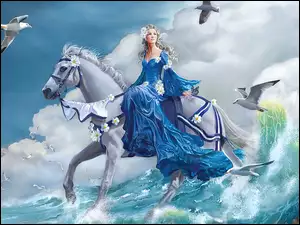 Piękna, Niebo, Kobieta, Koń