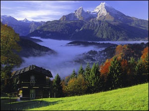 Mgła, Domek, Niemcy, Bavaria, Góry