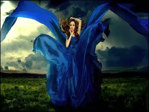 Kobieta, Wiatr, Niebieska, Suknia