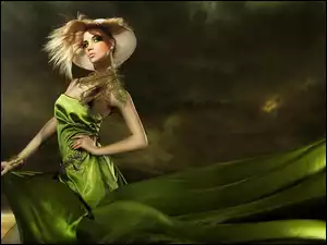 Kobieta, Kapelusz, Zielona, Suknia