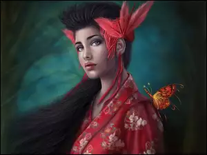 Kobieta, Motyl, Kimono, Kwiaty