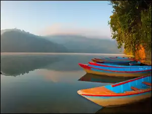 Pokhara, Poranek, Jezioro, Nepal, Phewa, Łodzie