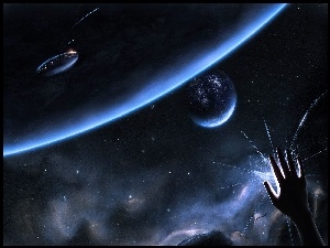 Kosmos, Statek, Planety, Ręka