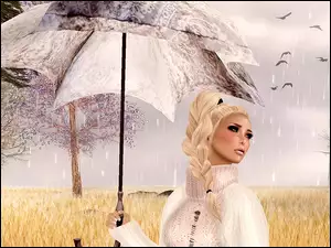 Kobieta, Grafika, Parasol, Deszcz