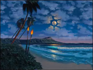 Księżyc, Plaża, Pochodnie, Palmy, Morze