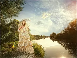 Rzeka, Kobieta, Parasol