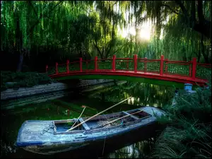 Rzeka, Beijing, Czerwony, Chiny
, Mostek, Łódka