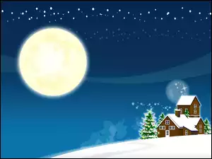 Noc, Domek, Boże, Choinka, Narodzenie, Księżyc
