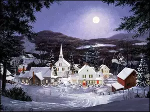 Śnieg, Noc, Boże, Księżyc, Narodzenie, Domki