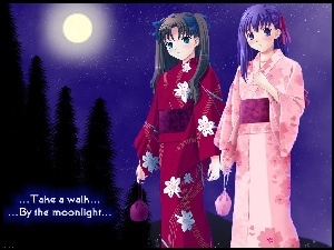 Fate Stay Night, księżyc, dziewczyny, kimono