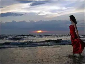 Kobieta, Plaża, Czerwona, Sukienka