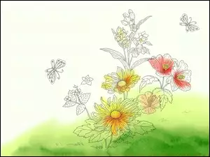 Różne, Rysunek, Kwiatki, Motyle