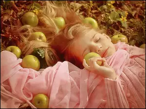 Śpiąca, Jabłka, Dziewczynka, Ogród