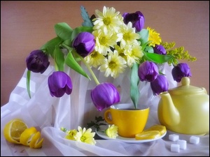 Kwiaty, Dzbanek, Fioletowe, Tulipany