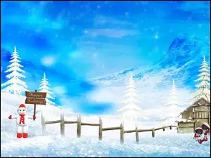 Chatka, Święta, Śnieg, Bałwanek, Choinki