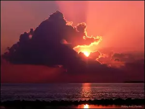 Chmura, Morze, Zachód Słońca, Przebijające Światło