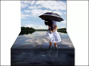 Dziewczynka, Grafika 4D, Parasol, Woda