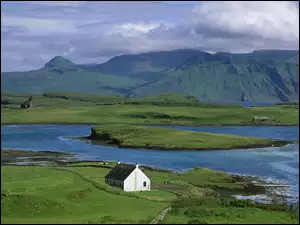 Szkocja, Łąki, Góry, Domek, Wybrzeże