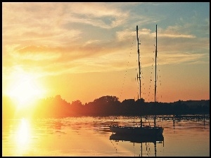 Jezioro, Słońca, Jacht, Zachód