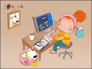 Dziecko, Gra, Pies, Komputer