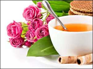 Herbatka, Śniadanie, Ciasteczka, Róże