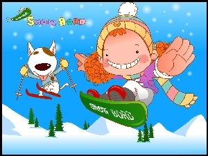 Snowboard, Zima, Dziecko, Śnieg, Pies