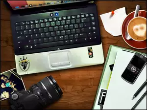 Laptop, Kawa, Aparat, Telefon