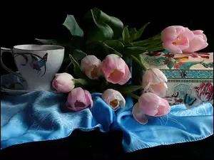 Tkanina, Różowe, Pudełko, Tulipany, Filiżanka