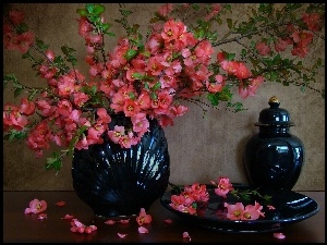 Granatowa, Kwiaty, Porcelana, Różowe