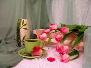 Bukiet, Filiżanka, Różowych, Tulipanów