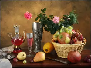 Owoce, Kosz, Wino, Kompozycja, Róże, Kieliszki