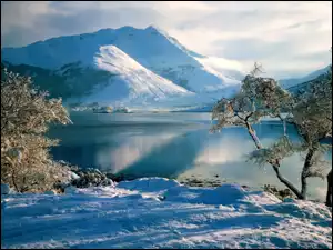 Góry, Drzewa, Jezioro, Śnieg