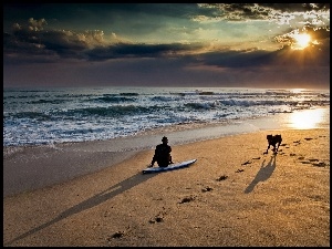 Morze, Surfer, Plaża, Pies