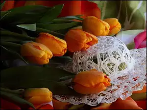 Pomarańczowe, Kapelusz, Tulipany, Koronkowy