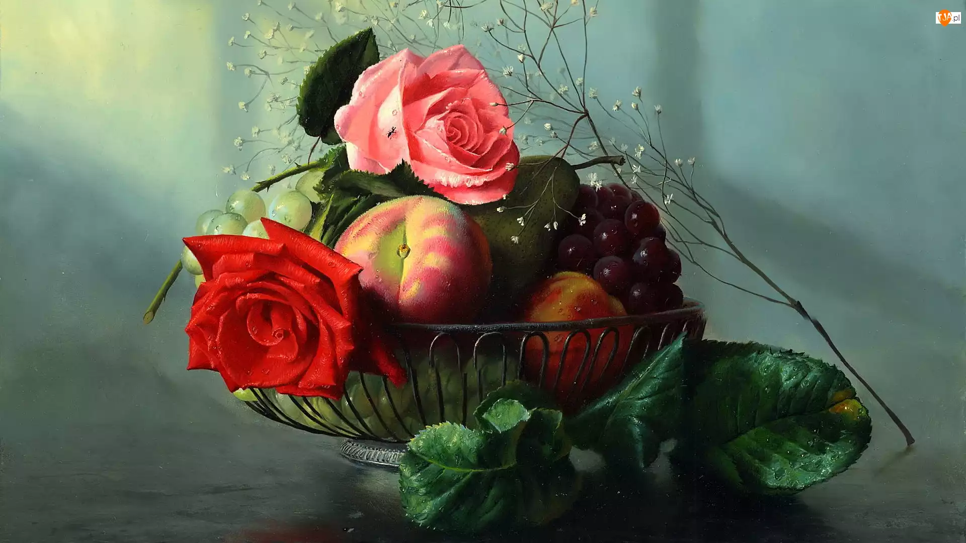 Owoce, Kompozycja, Kwiaty, Róże